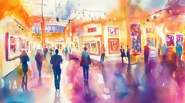 People view paintings in a brightly lit art gallery.