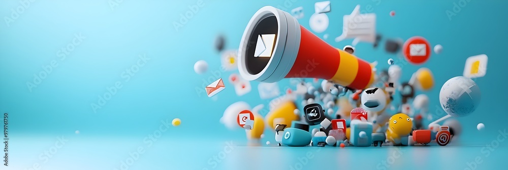 Poster digital marketing icons floating in cosmic space with light background