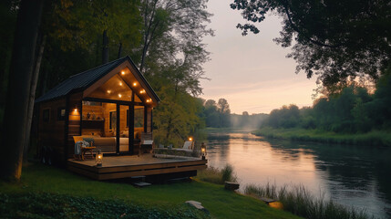 Obraz premium Tiny House Near a river dense forest
