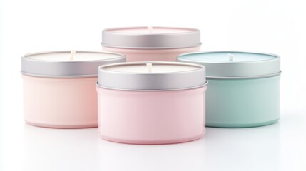 A row of four small tin candles in different colors