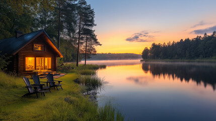 Fototapeta premium Tiny House Near a river dense forest