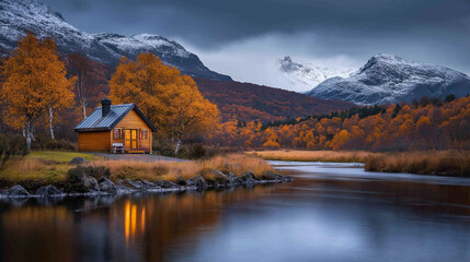 Fototapeta premium Tiny House Near a river dense forest