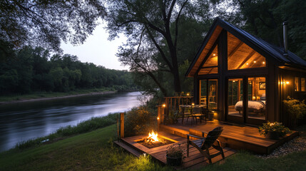 Obraz premium Tiny House Near a river dense forest