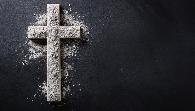 Wooden cross and ashes on a black background. Religion concept. Copy space