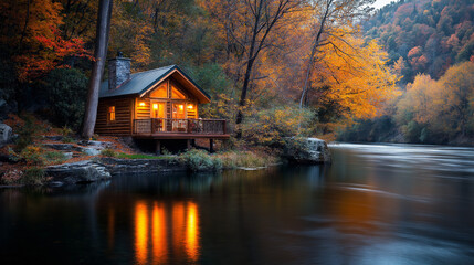 Fototapeta premium Tiny House Near a river dense forest