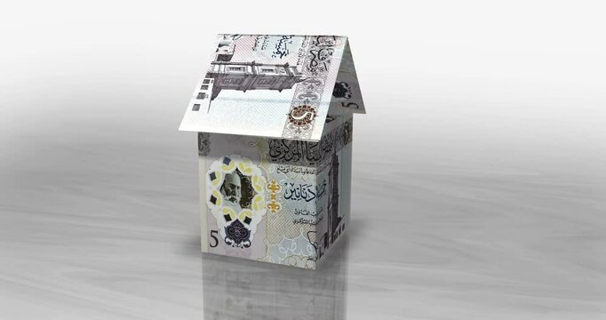 Libya dinar 5 LYD money banknotes paper house on the table. Libyan currency notes 3D concept of home mortgage loan, debt, rent, costs, liabilities and building wealth. Seamless looped.