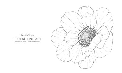 Ink Flower Drawing. Floral Line Art. Anemone Line Art Illustration. Line Art Bouquet.  Fine Line Anemone illustration. Hand Drawn flowers. Botanical Coloring. Wedding invitation flowers