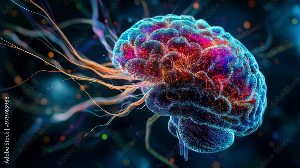 Aufkleber An artistic rendering of a human brain with colorful, flowing neural pathways, illustrating complex cognitive processes and mental activity.