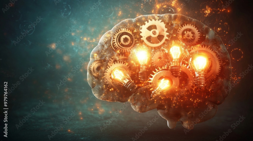 Aufkleber An artistic representation of a brain with interconnected gears and light bulbs, illustrating the complex and creative nature of generating innovative concepts.