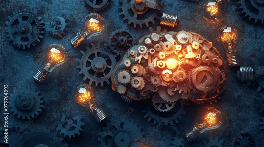 Aufkleber An artistic representation of a brain with interconnected gears and light bulbs, illustrating the complex and creative nature of generating innovative concepts.