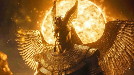 Majestic Ra, the sun god, with a sun disk above, radiating golden light and power.