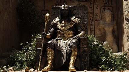 Regal Osiris, god of the afterlife, seated on a throne with a crook and flail, symbolizing kingship and rebirth.