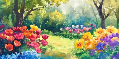 Watercolor painting of colorful flowers in a garden.