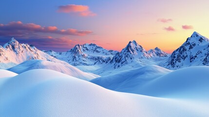 Stunning winter landscape featuring majestic mountains and smooth snow-covered hills under a colorful sunset sky.