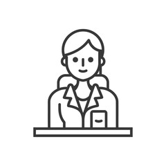 Line art illustration of a woman sitting at a desk