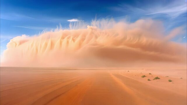 A massive dust storm rolling over a desert landscape, with swirling clouds of sand against a blue sky.