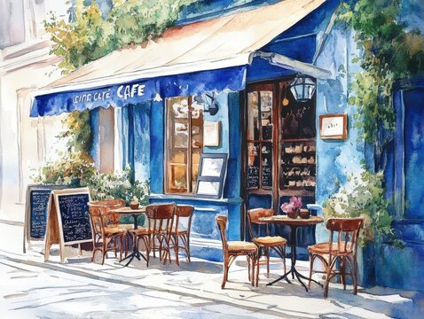 Blue cafe with tables, chairs, and a menu board.