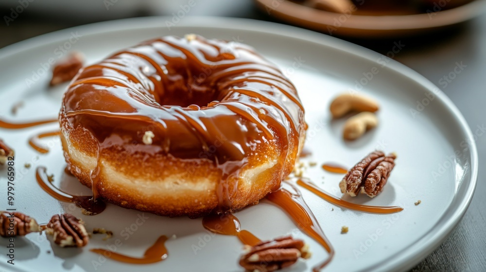 Poster an artistic shot of a donut with a drizzle of caramel or icing, placed on a white plate with a few n