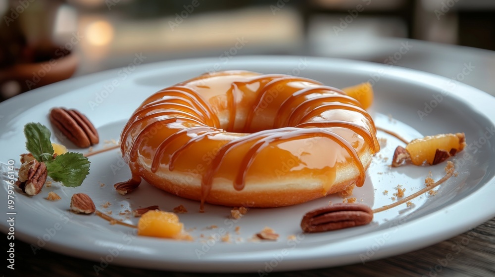 Poster an artistic shot of a donut with a drizzle of caramel or icing, placed on a white plate with a few n