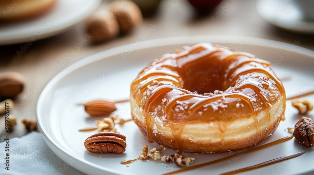 Poster an artistic shot of a donut with a drizzle of caramel or icing, placed on a white plate with a few n