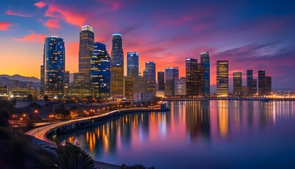 Evening Elegance: Modern Architecture and Illuminated Cityscape of Downtown Los Angeles