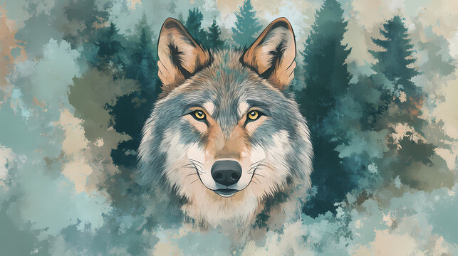 Wolf flat design top view, forest theme, water color, tetradic color scheme. Cool Colors. Illustration
