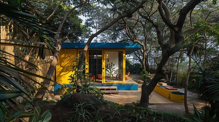 A yellow and blue playroom locates in the center of a sloppy tree filled natural garden