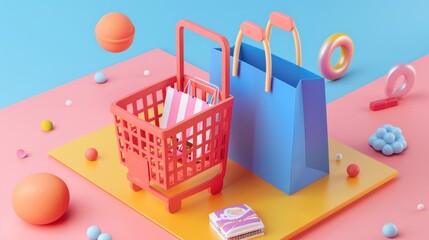 Fototapeta premium Shopping Cart and Bag on Colorful Background