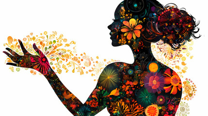 Woman silhouette with flowers, patterns all over her body, surrealistic painting, transparent background, oriental illustration. Silhouette. Illustration