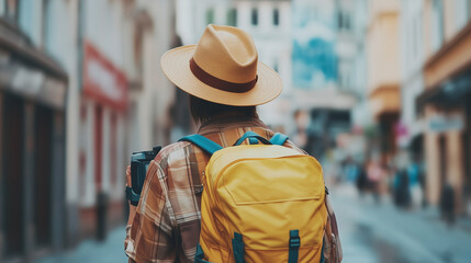 A tourist with a yellow backpack and a hat explores city streets, holding a camera. The blurred background creates a sense of travel