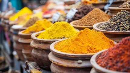 Fototapeta premium An artistic shot of a colorful Indian spice market with a variety of spices in open containers, showcasing the rich and diverse flavors used in Indian cooking.