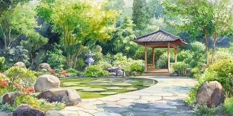 Obraz premium Watercolor painting of a peaceful garden with a gazebo.
