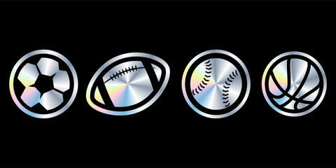 Sport ball holographic stickers. Hologram sport ball of different shapes. Sticker shapes for design mockups.