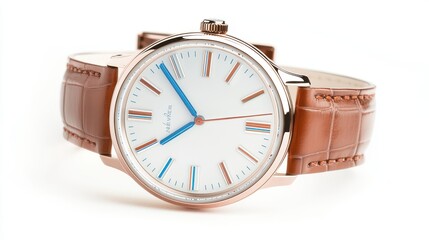 A watch with a blue face and a brown band