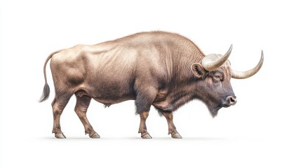 A large brown bull with horns is walking across a white background