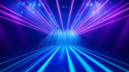 Vibrant laser show with vivid led beams, dj light event, glowing blue stage, and led strobe lights, providing an ideal backdrop for showcasing products. Strobe Effect. Illustration