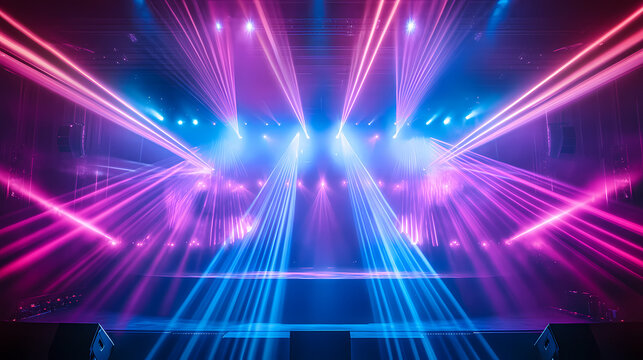 Vibrant laser show with vivid led beams, dj light event, glowing blue stage, and led strobe lights, providing an ideal backdrop for showcasing products. Strobe Effect. Illustration