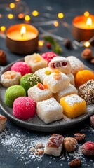 Festive Indian Sweets Arranged with Candles and Lights on Plate