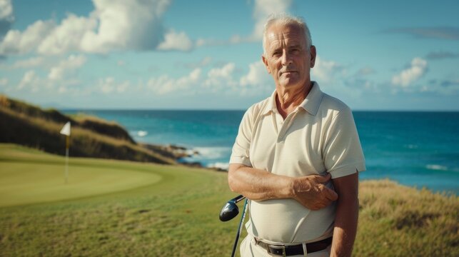 older man smiling at the camera on a golf course