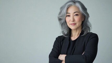 Stylish middle-aged Asian woman confidently poses in casual gray attire against a neutral backdrop
