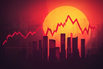 City skyline overshadowed by a large, declining financial chart, monetary instability
