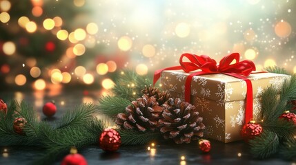 christmas and new year background - gift boxes and pine cones and branches on the background of bokeh garlands