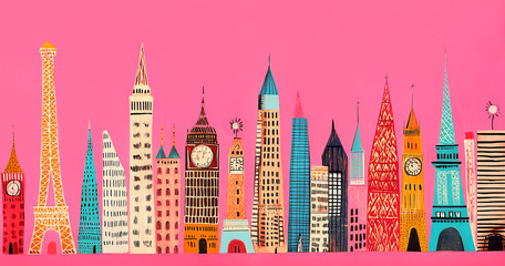 Fototapeta premium Abstract city with skyscrapers at pink, paper art. Cute children art background