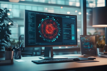 A computer screen shows a malware detection alert along with an extensive scan report. The setting is a contemporary office designed for technology and cybersecurity work