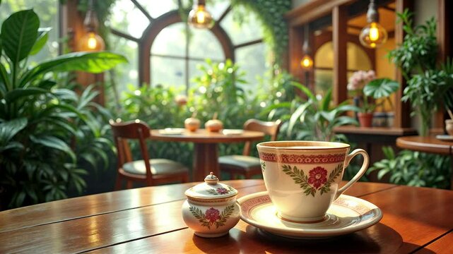 Greenhouse cafe with fluttering blue butterflies. background video. seamless loop.