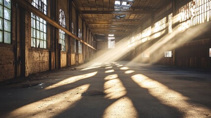 Naklejka premium A perspective view of an abandoned industrial warehouse, with sunlight streaming through broken windows and casting long shadows on the dusty floor