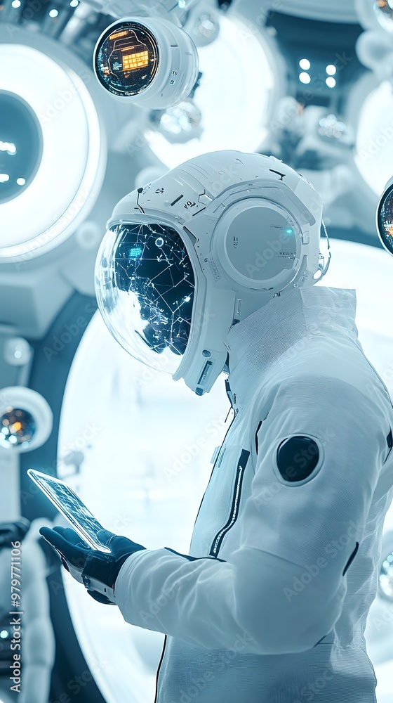 Poster futuristic cyborg in high tech lab with holographic screens