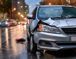 Naklejka premium Car accident on the road in the city in the rainy evening. Car insurance concept.