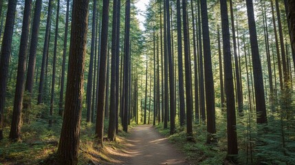 Obraz premium A perspective view of a dense forest, with tall pine trees lining both sides of a narrow dirt trail. The sunlight filters through the trees, creating a serene and peaceful atmosphere