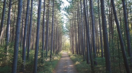 Naklejka premium A perspective view of a dense forest, with tall pine trees lining both sides of a narrow dirt trail. The sunlight filters through the trees, creating a serene and peaceful atmosphere